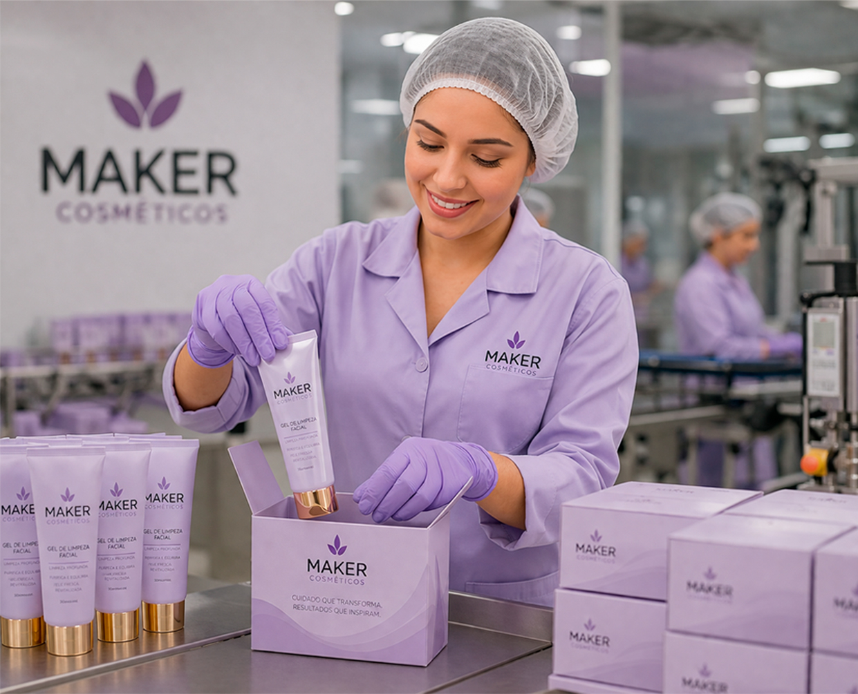 Funcionária da Maker Cosméticos embalando produtos na linha de produção