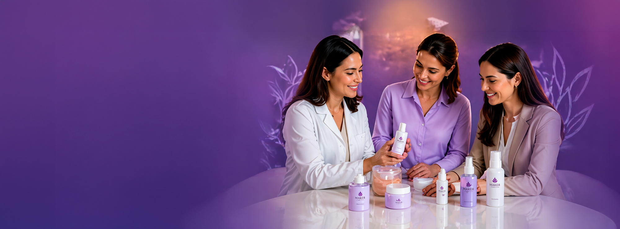 Linha completa de cosméticos Maker em tons lilás sobre fundo suave com lavanda