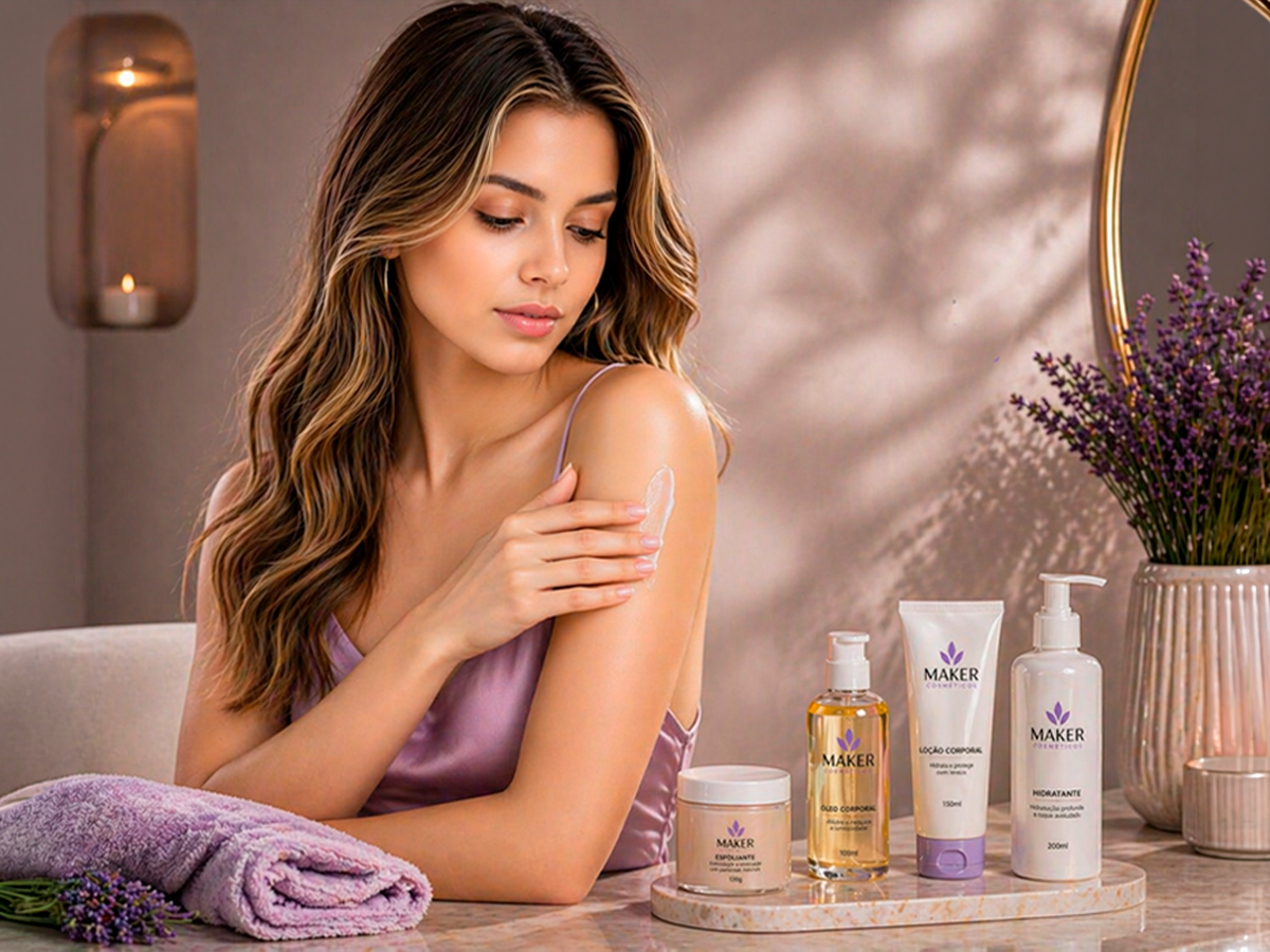 Aplicação de produto corporal da Maker Cosméticos
