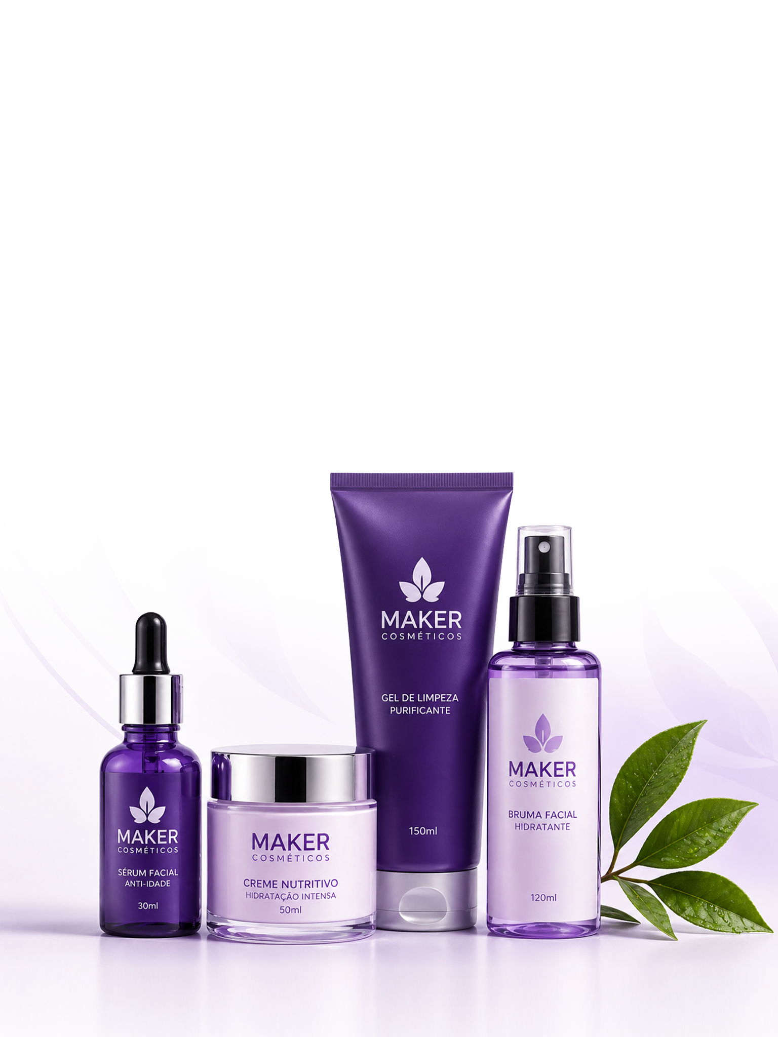 Linha completa de cosméticos Maker em tons lilás sobre fundo suave com lavanda