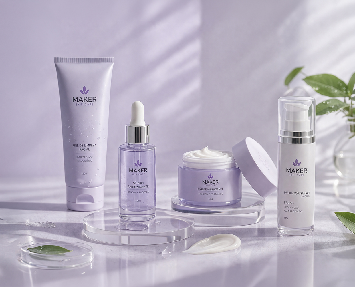 Funcionária da Maker Cosméticos embalando produtos na linha de produção